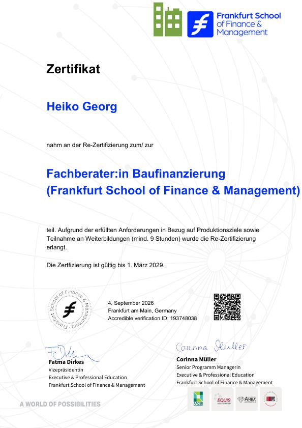 Frankfurt-School-Rezertifizierung 2026, gültig bis 2029